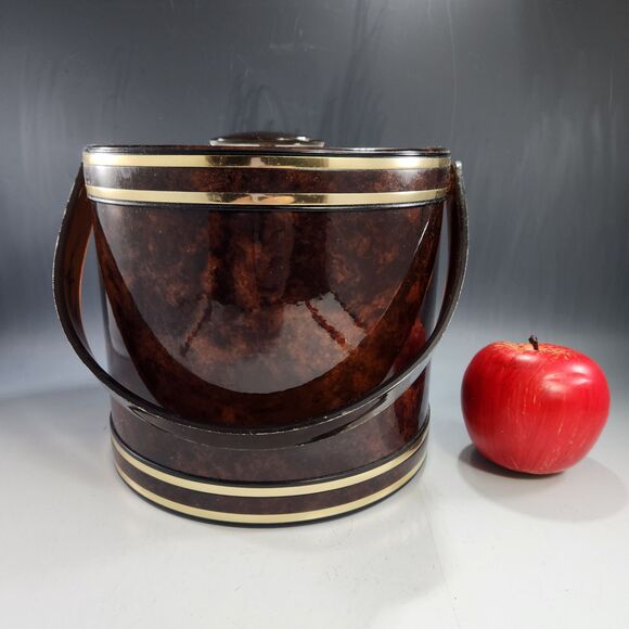 Georges Briard Ice Bucket Lucite Handle Tongs Gold Trim Faux Tortoise Shell MCM - Picture 2 of 10